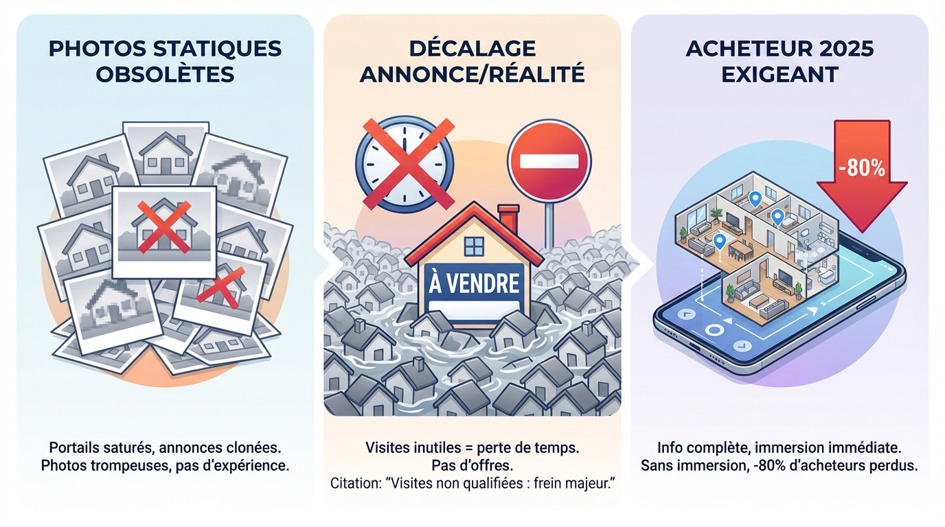 Infographie illustrant les défis des annonces immobilières classiques face à la saturation du marché