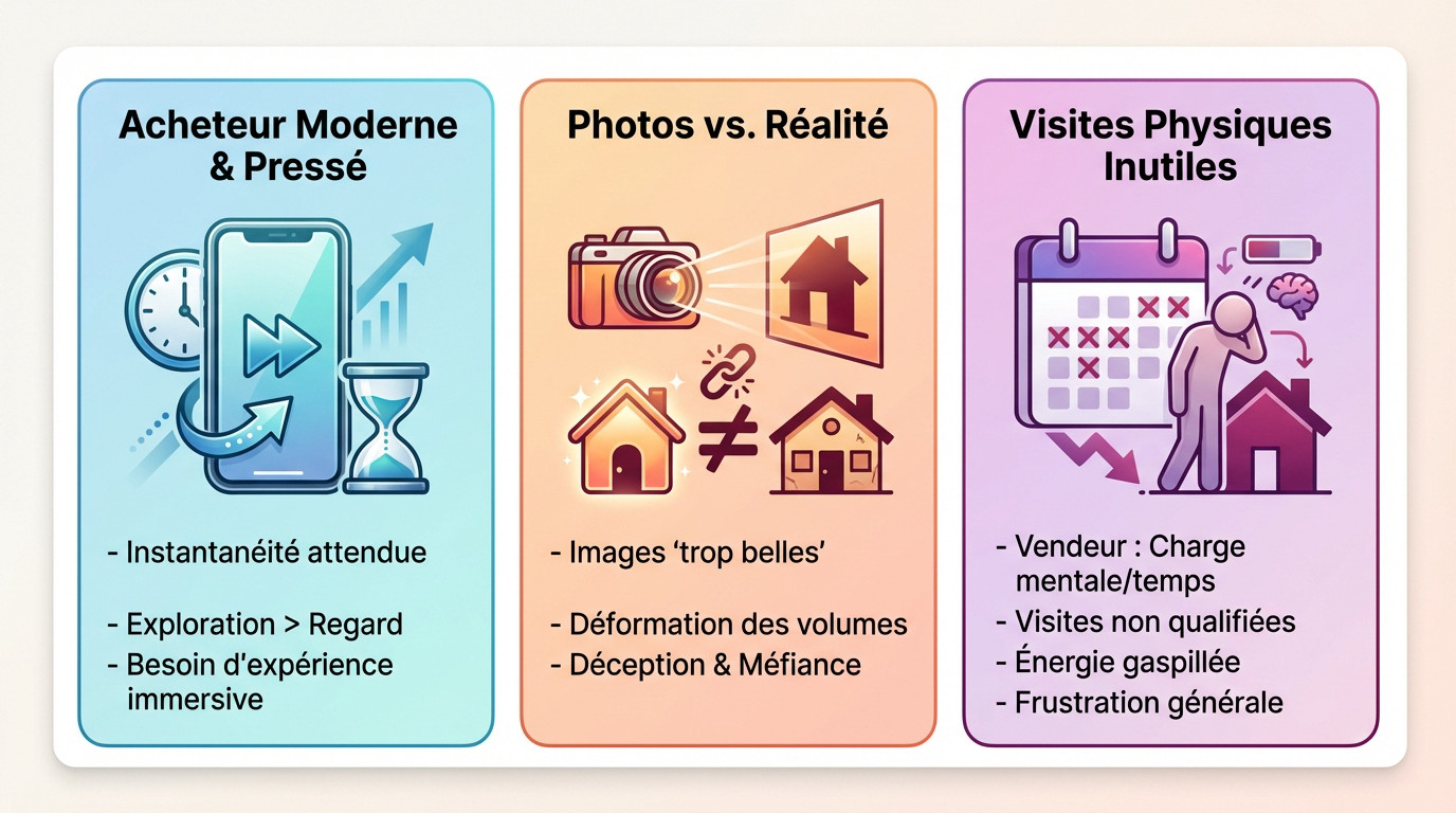 Comparaison entre une photo immobili&egrave;re trompeuse et la r&eacute;alit&eacute; d'une visite virtuelle