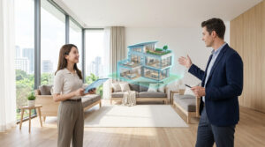 Real estate agent presents a holographic 3D house model to a buyer in a bright, modern living room with large windows.