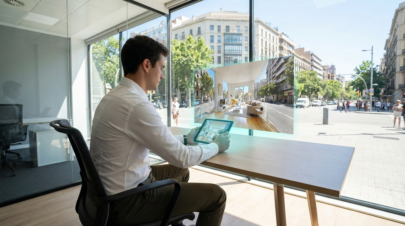 Man in office views virtual interior tour blending with urban street view on tablet, showcasing global mapping innovation.