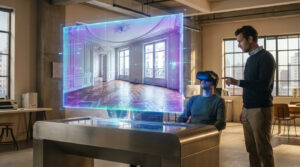 Two men in a modern studio viewing a vibrant holographic 3D virtual tour of an elegant interior. One wears a VR headset, immersed.
