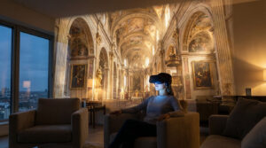 A user in a VR headset sits in a living room, experiencing a projected virtual tour of a majestic, richly detailed cathedral interior.