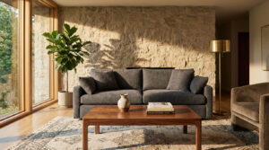 Sophisticated living room with a textured grey sofa, wooden coffee table, rough stone wall, and natural light from a large window.