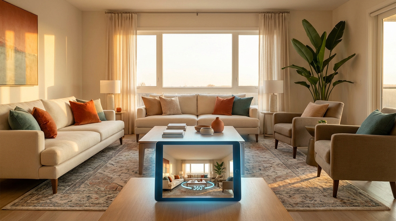 Photorealistic modern living room with natural light, featuring a tablet displaying a glowing 360-degree virtual tour of the space.