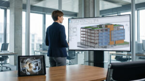 A professional reviews a 3D BIM model of a building renovation on a large screen, with a tablet showing a point cloud scan in the foreground, in a modern office.