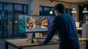 Un homme de dos utilise un ordinateur affichant un rendu architectural 3D détaillé dans un bureau moderne.