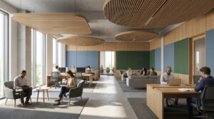 Espace de bureau moderne avec des panneaux acoustiques en bois au plafond et des employés travaillant dans le calme.