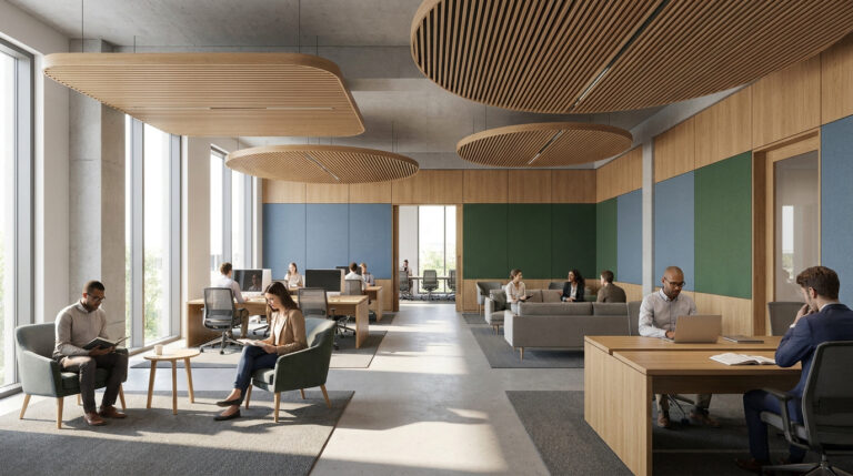 Espace de bureau moderne avec des panneaux acoustiques en bois au plafond et des employés travaillant dans le calme.
