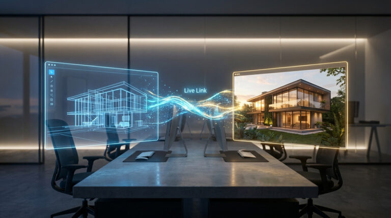 Visualisation du transfert de données en temps réel entre un plan 3D et un rendu réaliste d'une maison moderne.