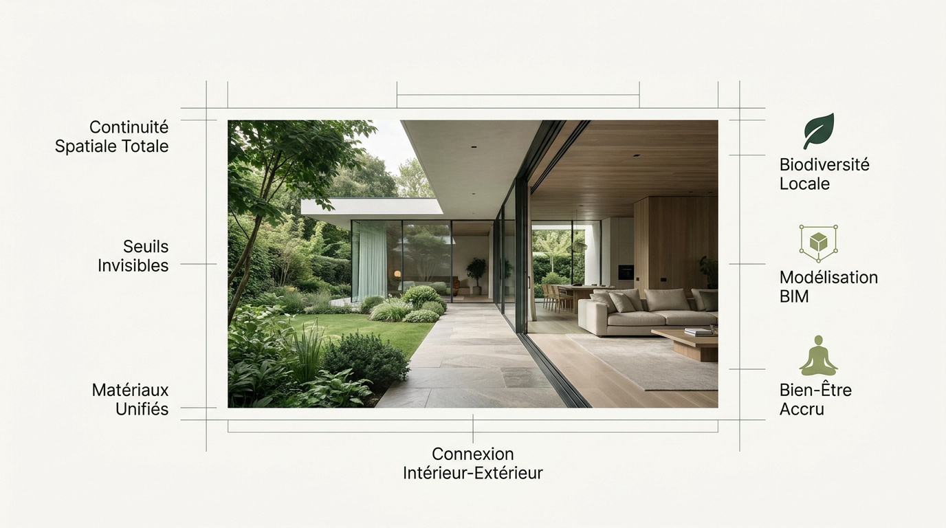Villa contemporaine avec grandes baies vitrées et jardin paysager intégré