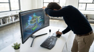Un architecte travaille sur un plan 3D sur un écran incurvé avec une tablette graphique.
