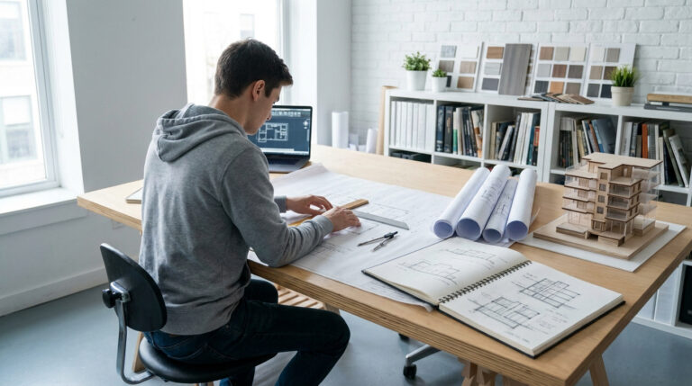 Un étudiant en architecture travaille à son bureau avec des plans, une maquette et un ordinateur portable.