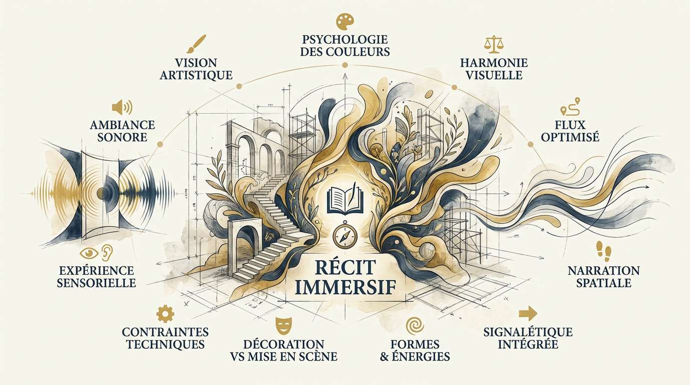 Schéma des composantes d'un récit immersif incluant lumière, son et design spatial