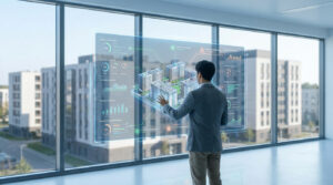 Un homme examine une interface holographique 3D d'une résidence étudiante avec des données de gestion en temps réel.