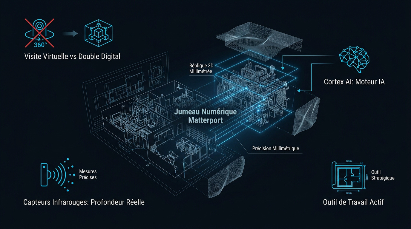 Représentation 3D d'un jumeau numérique Matterport avec maillage géométrique et données spatiales