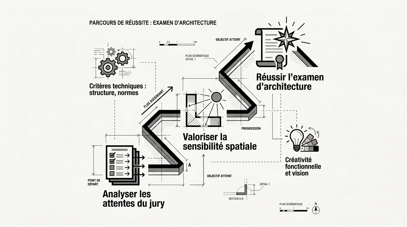 Parcours de réussite pour un examen d'architecture mettant en avant la méthodologie et la conception spatiale