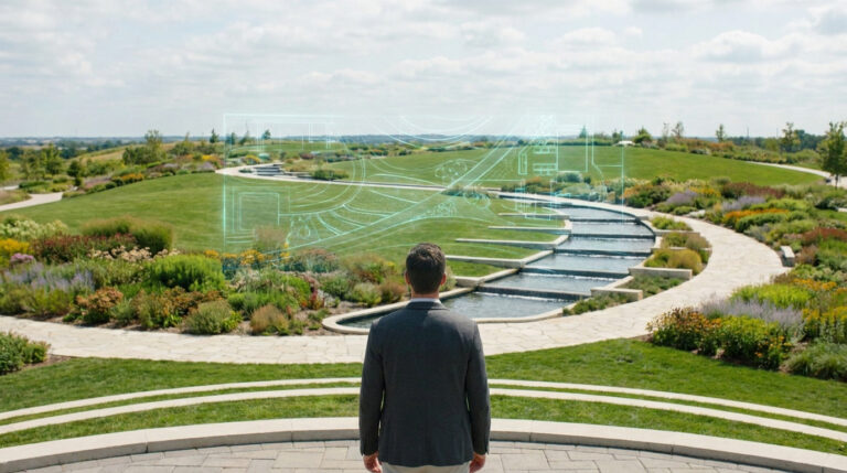 Un homme regarde un plan paysager en hologramme superposé à un parc verdoyant avec un ruisseau en escalier.