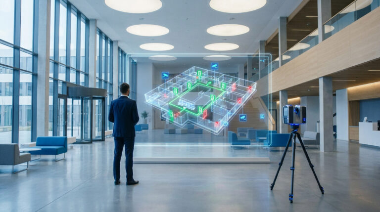Un homme en costume examine un plan 3D holographique d'un bâtiment dans un hall d'entrée moderne avec un scanner laser.