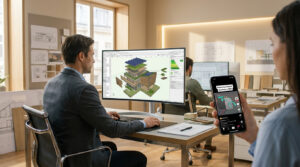 Un architecte utilise Vectorworks sur ordinateur tandis qu'une collègue regarde un tutoriel TikTok sur son smartphone.