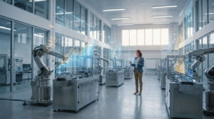 Une ingénieure utilise une tablette numérique dans une usine moderne entourée de robots et de données holographiques.