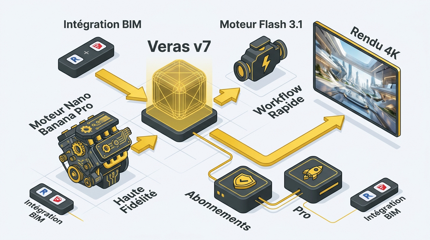 Interface de rendu Veras v7 avec intégration BIM et modèles Nano Banana