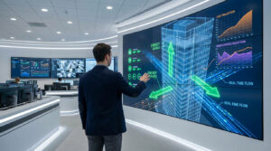 Un homme d'affaires devant un écran géant affichant un modèle BIM de bâtiment et des graphiques de performance.