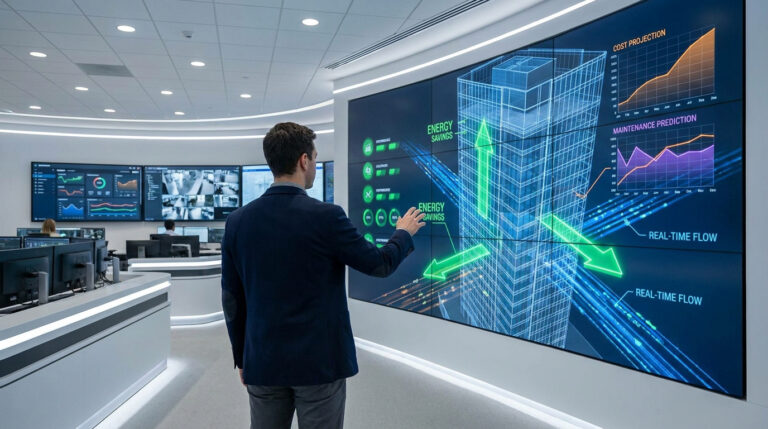 Un homme d'affaires devant un écran géant affichant un modèle BIM de bâtiment et des graphiques de performance.