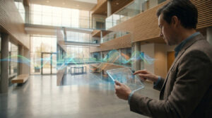 Un expert utilise une tablette tactile pour analyser les ondes sonores dans un bâtiment moderne de type ERP.