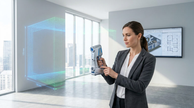 Une architecte utilisant un scanner 3D portatif pour modéliser une pièce avec des données numériques holographiques.