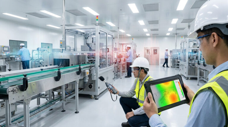 Techniciens réalisant une mesure de bruit et une cartographie acoustique dans une usine de production automatisée.