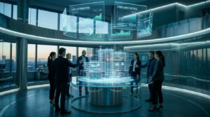 Une équipe d'experts analyse une maquette 3D holographique d'un bâtiment dans une salle de contrôle futuriste.