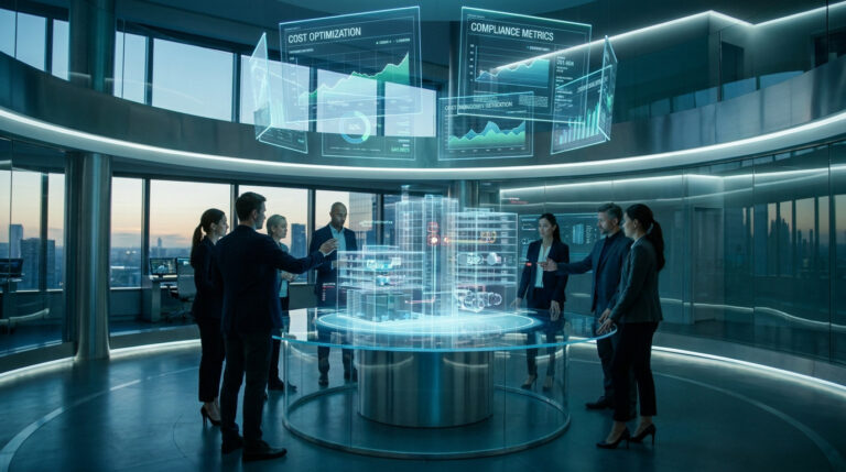Une équipe d'experts analyse une maquette 3D holographique d'un bâtiment dans une salle de contrôle futuriste.