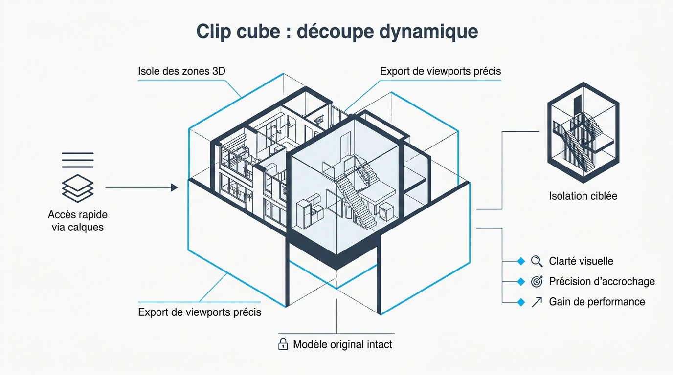 Interface Vectorworks montrant la découpe dynamique d'un modèle 3D avec le Clip cube