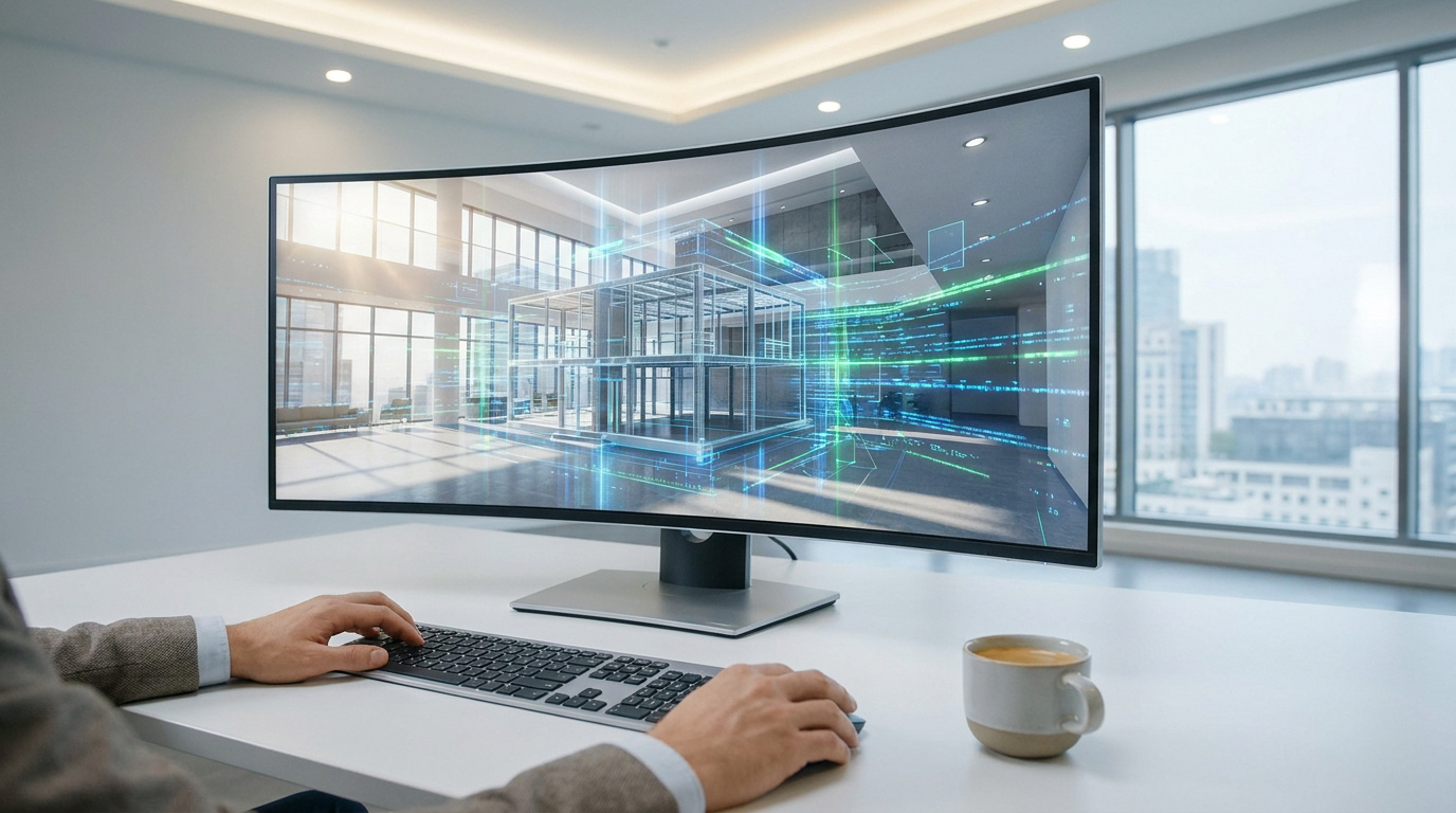 Mains d'un professionnel travaillant sur un écran incurvé affichant une modélisation architecturale 3D avec des données IA.
