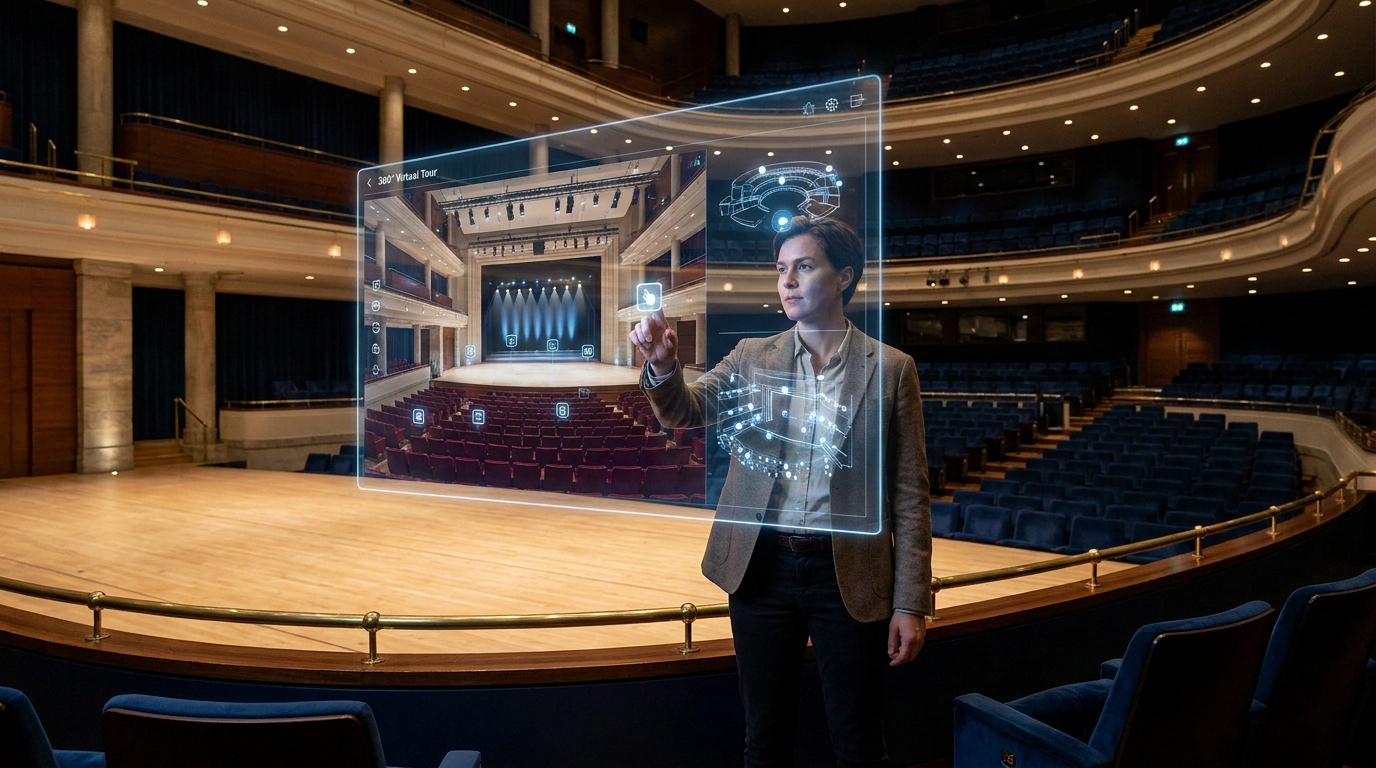 Une personne interagissant avec une interface holographique 3D d'une salle de concert pour la gérer virtuellement.