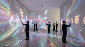 Des visiteurs équipés de casques VR interagissent avec des projections holographiques colorées dans une galerie d'art.