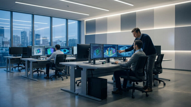 Équipe d'architectes travaillant sur des logiciels CAO dans un bureau moderne avec vue sur la ville.