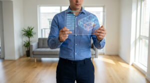 Un homme en chemise tient une tablette transparente affichant une liste de contrôle et un plan 3D interactif.