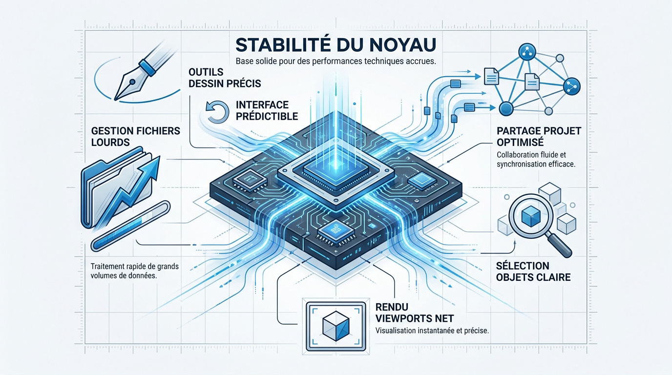 Infographie montrant la stabilité et la performance du noyau informatique de Vectorworks 2026