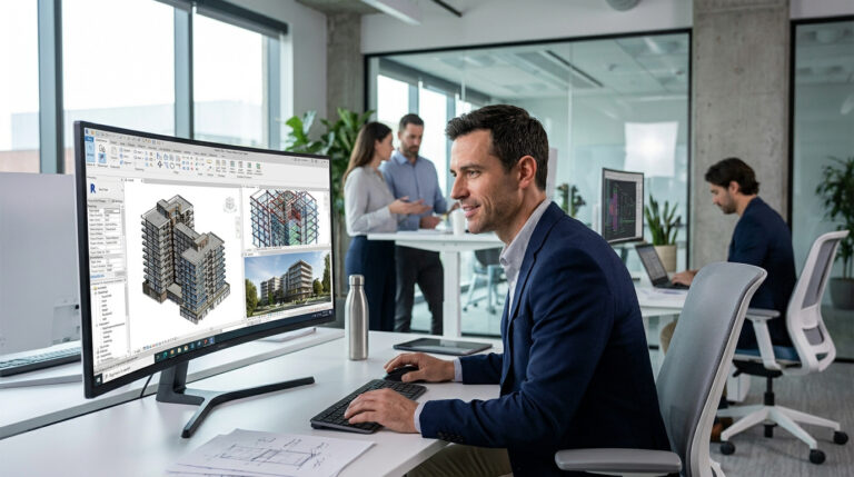 Un architecte travaille sur une modélisation Revit 3D sur un grand écran dans un bureau moderne.