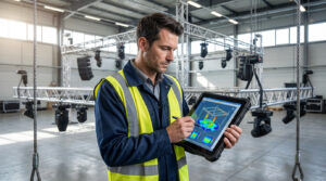 Un technicien avec un gilet haute visibilité utilise une tablette pour vérifier le calcul de charge d'une structure truss.