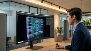 Un professionnel travaille sur un logiciel de conception 3D affichant des baies de serveurs sur un grand écran.