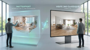 Comparaison visuelle entre la modélisation 3D Matterport et une visite virtuelle 360 en photos 2D.