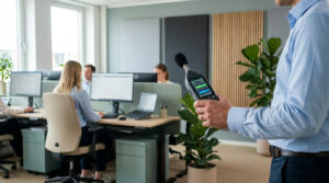 Un professionnel mesure le niveau sonore dans un bureau moderne avec un sonomètre devant des employés travaillant.