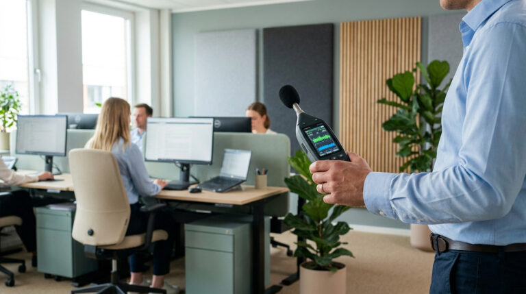 Un professionnel mesure le niveau sonore dans un bureau moderne avec un sonomètre devant des employés travaillant.