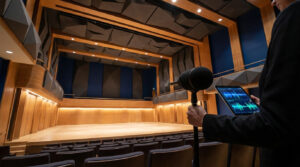 Un technicien analyse l'acoustique d'une salle de concert avec un micro et une tablette affichant des ondes sonores.