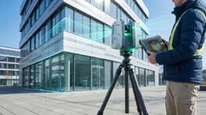 Technicien utilisant un scanner laser 3D pour modéliser une façade de bâtiment moderne.