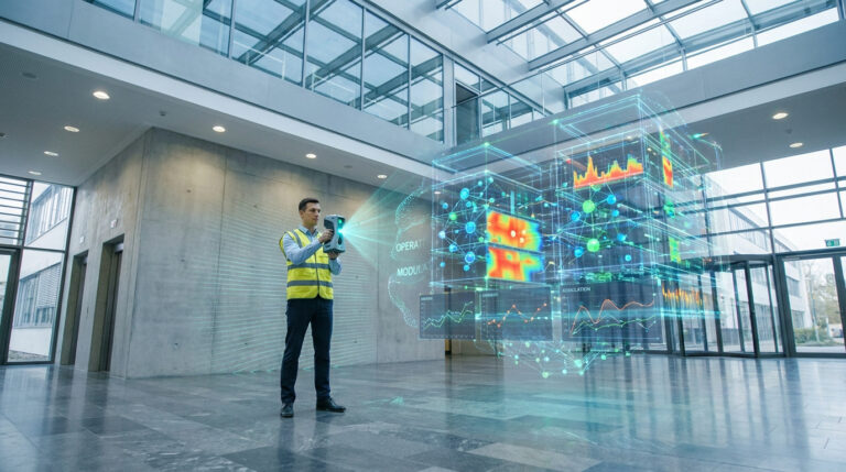 Un technicien utilisant un scanner laser 3D pour modéliser l'efficacité énergétique d'un bâtiment tertiaire.