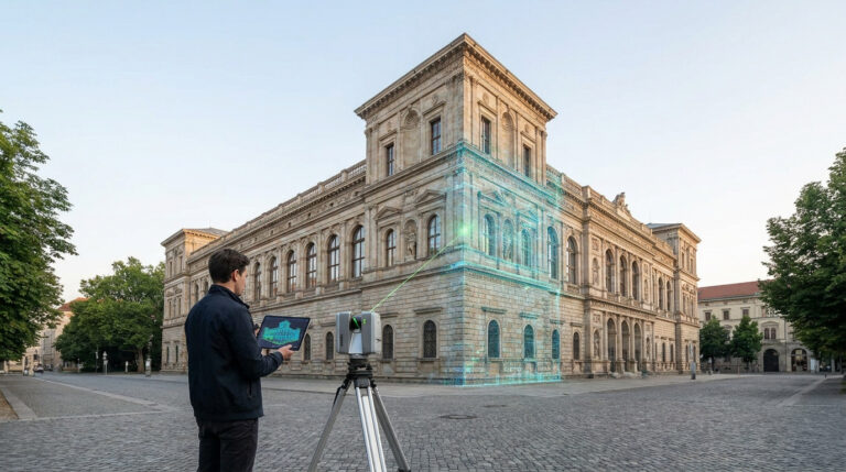 Un technicien utilise un scanner laser 3D sur trépied pour modéliser une façade de bâtiment ancien en pierre.