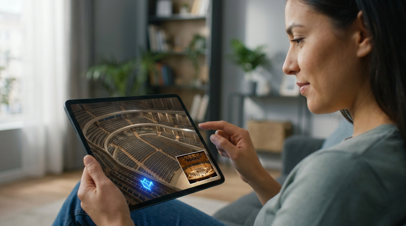 Une femme utilise sa tablette pour visualiser en 3D la vue depuis un siège dans une salle de spectacle.